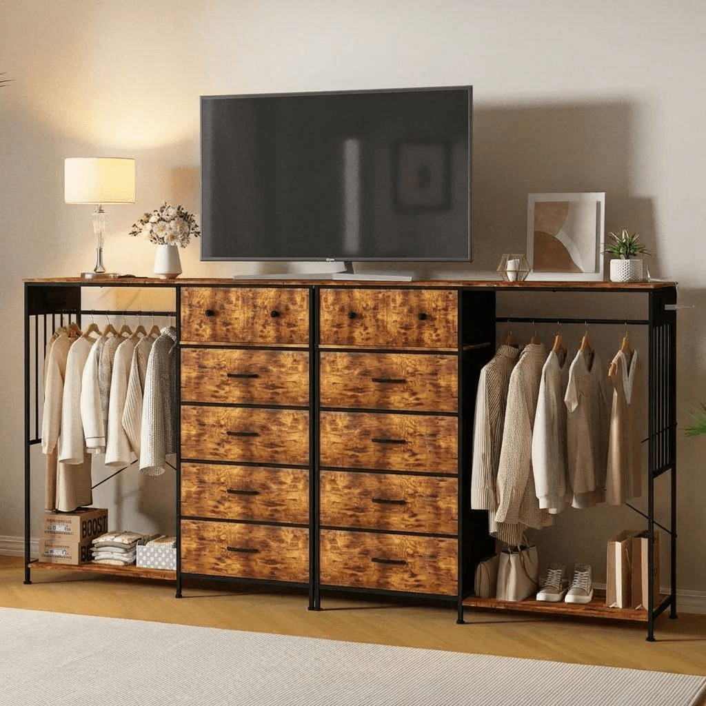 TEMU Meuble de rangement pour entrée, commode de chambre marron de 49,2" de large avec portant à vêtements, 6 tiroirs en tissu, coffre de rangement à