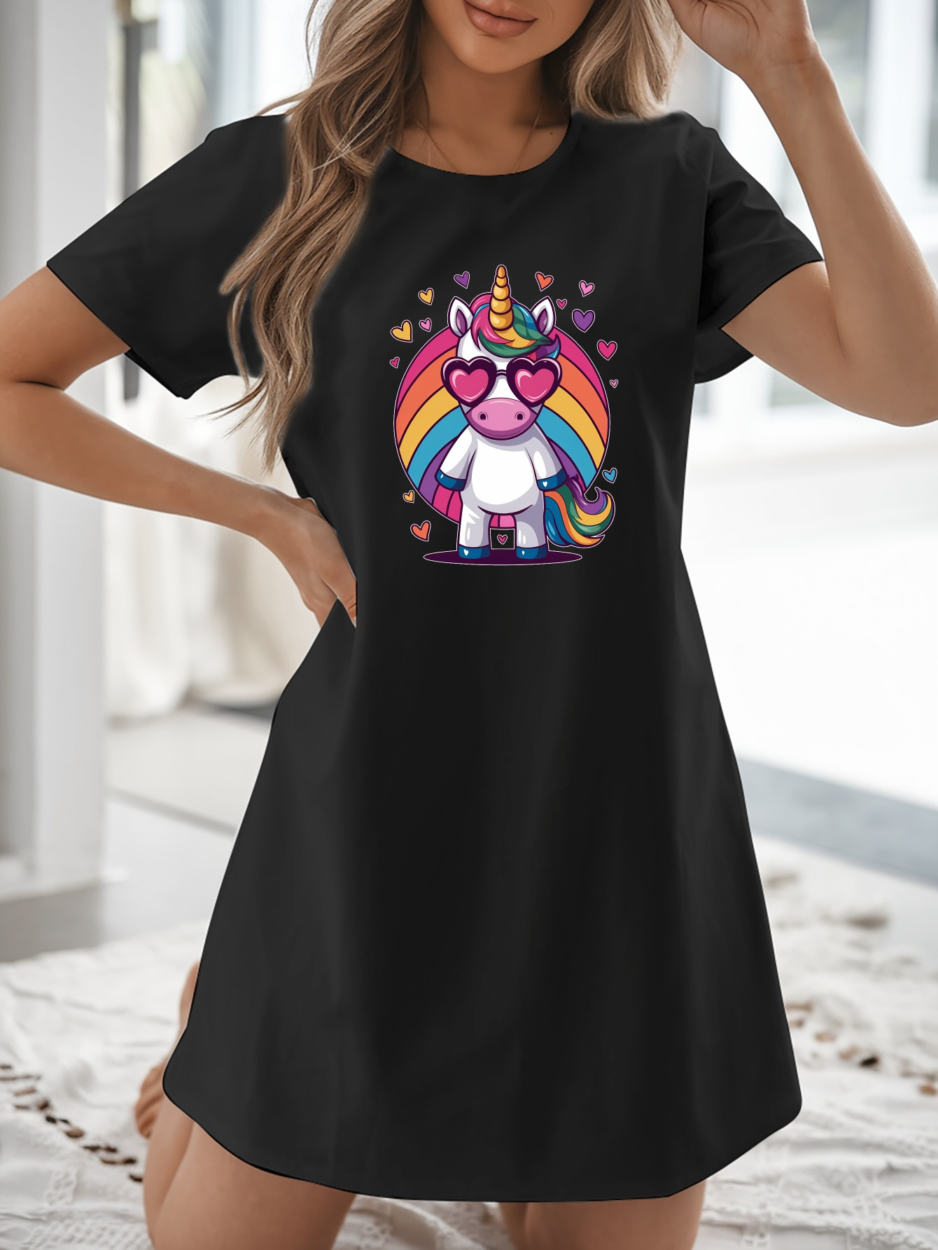 Women'S 2025 Unicorn Rainbow Horse Graphic T-Shirt Dress Casual, Short  Sleeve, Round Neck, Spring/Summer Fashion, Versatile Elegant Skirt with  Color