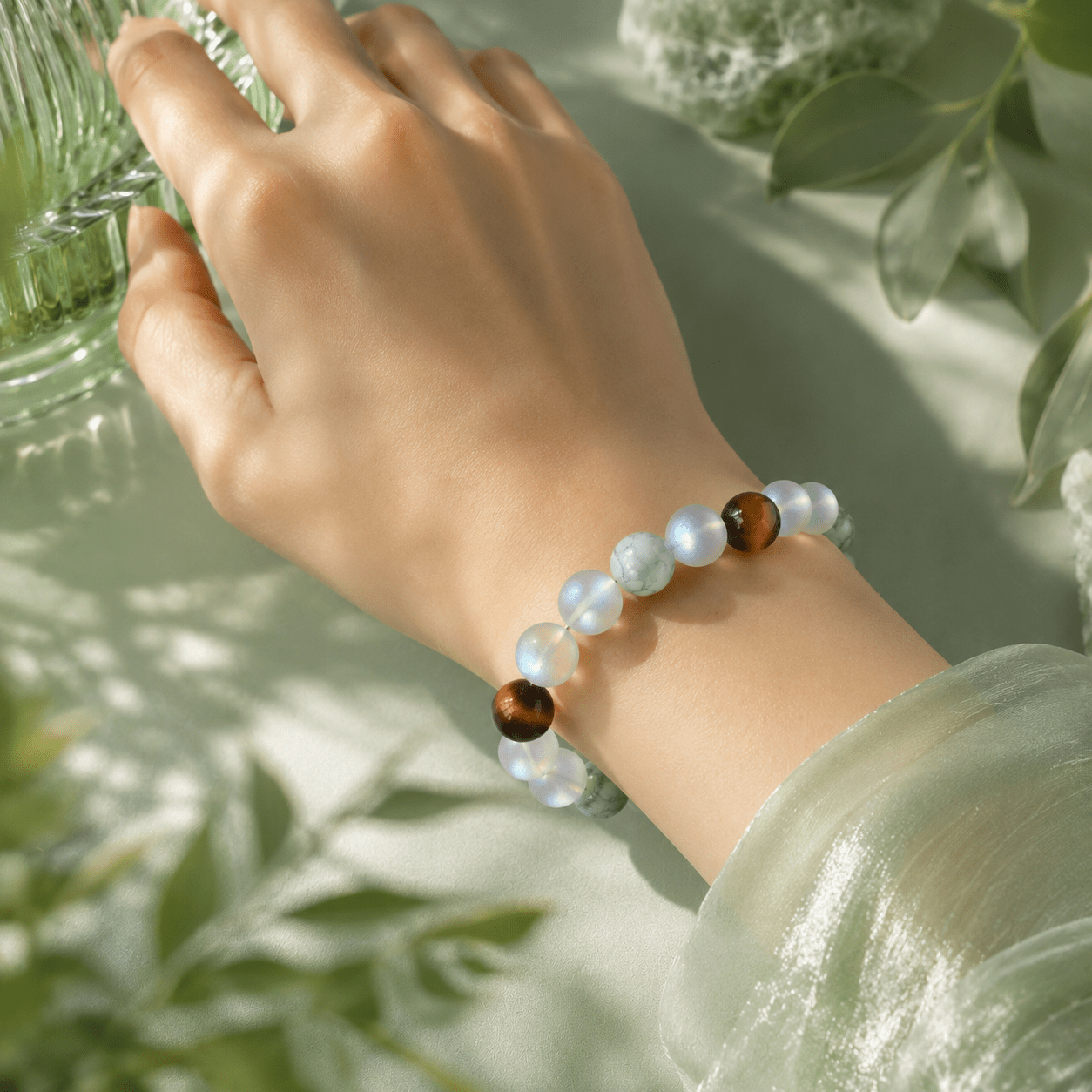 Wealth Bead Bracelet with Mossy Agate, Moonstone & Tiger's Eye
