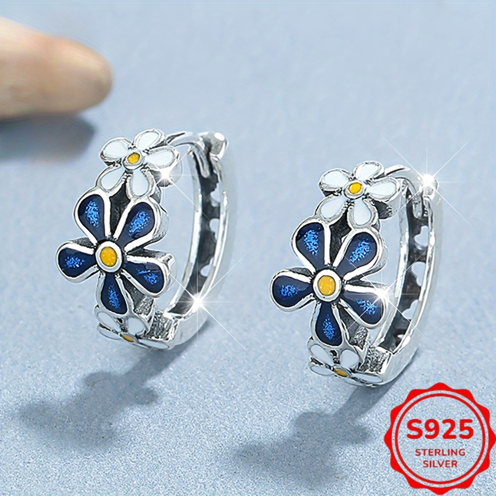 TEMU 1 Pair Of Retro Cute 925 Sterling Silvery Earrings With Blue Enamel, Suitable For Women' And Vacation Wear