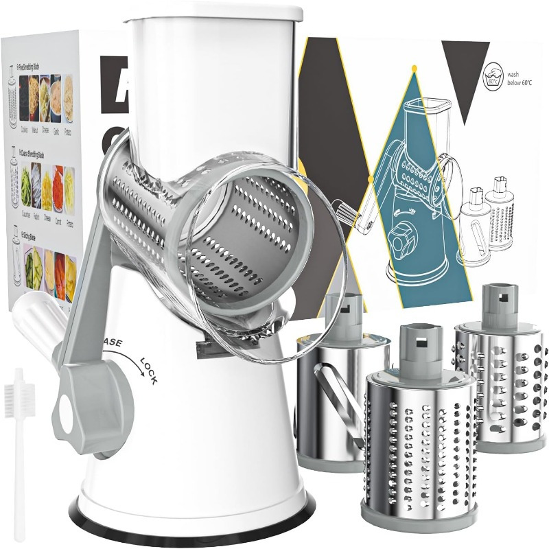 TEMU Rotary Cheese Planer Hand Crank Cheese Fresh Cheese, Vegetable Nuts, Non-slip Suction Base, Free Cleaning Brush 3 Blades