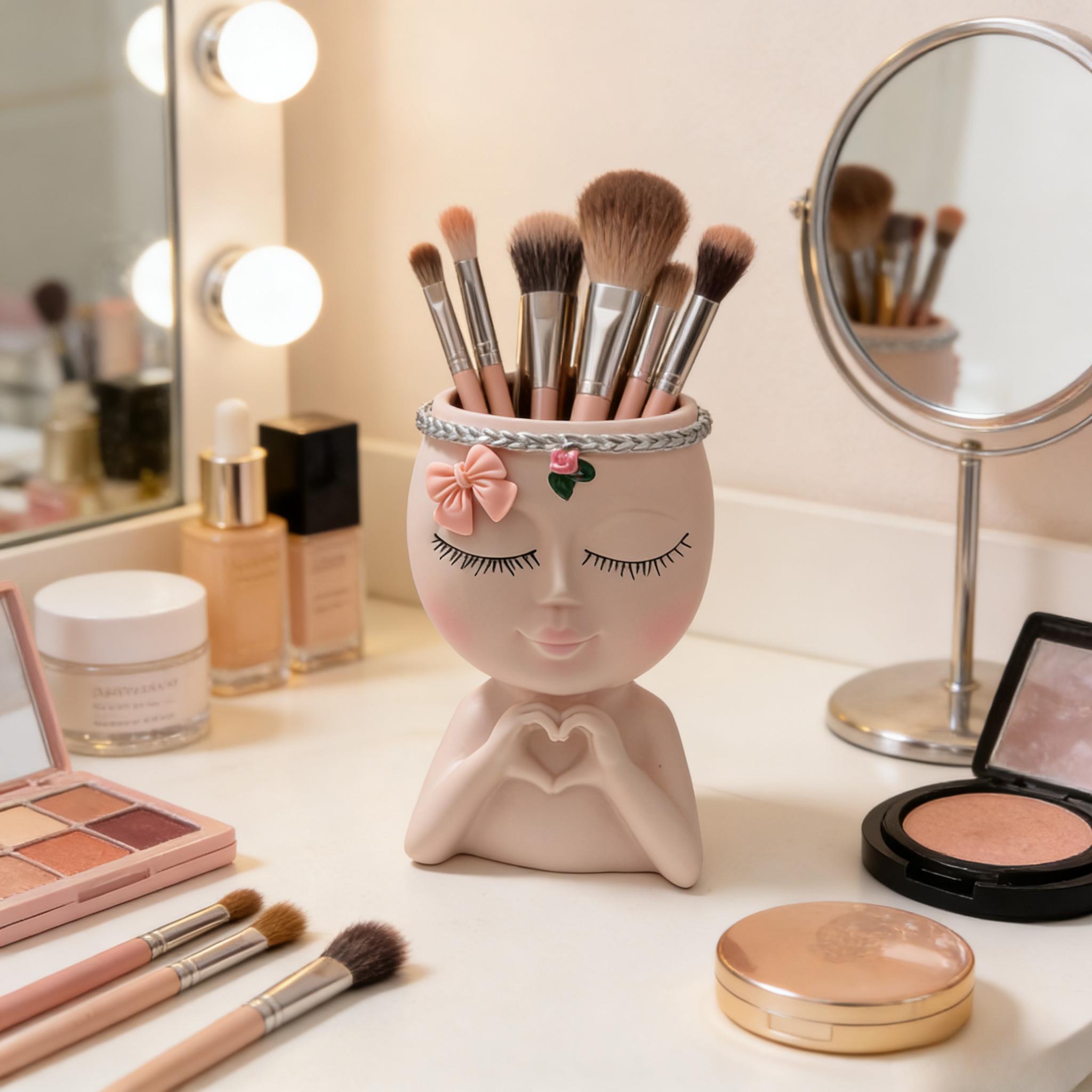 Image of 1pc Modern Creative Half-body Storage Brush Holder Organizer For Girls, Desktop Storage Tool With Bow Decoration For Cosmetics And Bathroom Accessories