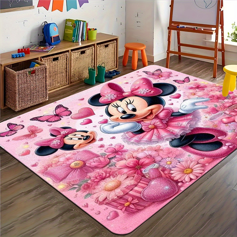 1pc Mickey & Minnie Mouse Anime Area Mat - Antislip, Machinewasbaar Polyester Tapijt met Levendige Roze Bloemen Ontwerp, Perfect voor Slaapkamer & Woonkamer Decor, Slaapkamer Decor | Speelse Kamer Decor | Duurzaam Vloerkleed, Mickey Mouse Kamer Decor