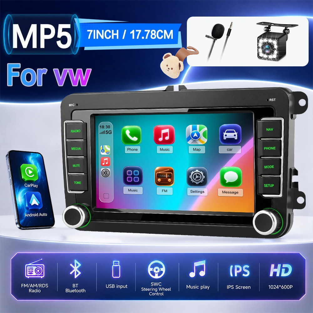 Image of 7' Car Radio For Vw Golf 5-6 Tiguan , Altea, , Wireless & Wired Carplay Auto, , Swc, Fm/am/rds Radio, Reversing Camera Input, Wireless Mp5