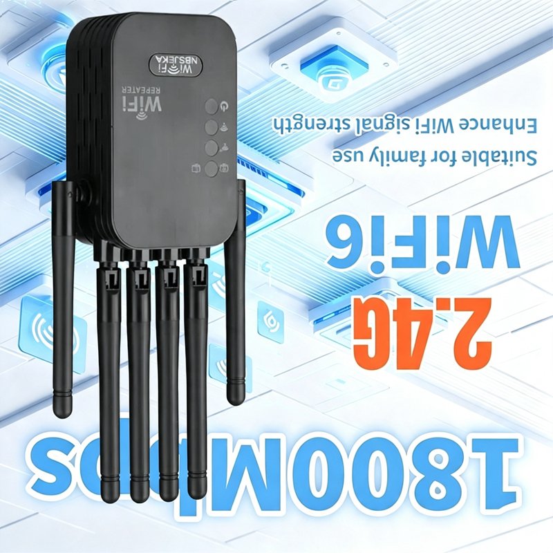 TEMU Répéteur d'extension de portée WiFi 1800 Mbps, amplificateur Internet 2,4 GHz avec port Ethernet, 6 antennes externes, couvre jusqu'à 11 000