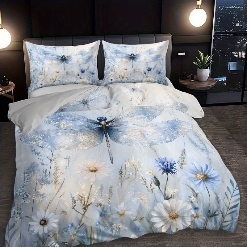TEMU Dragonfly & Floral Duvet Cover Set - Large, Polyester Blanket With Vibrant Design, Includes 1 Queen Size Duvet Cover, 1 King Size Duvet Cover,