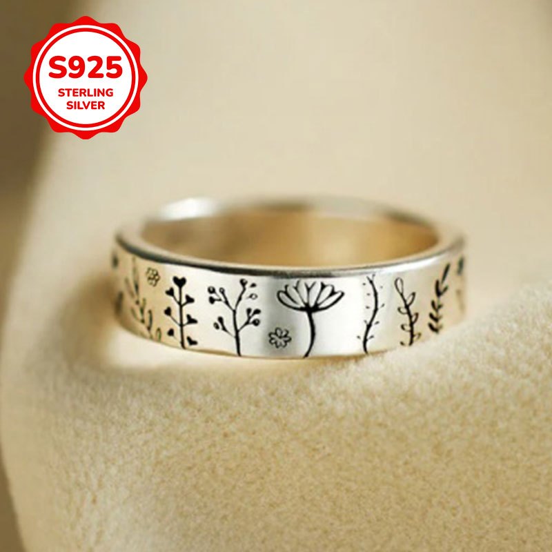 S925 Pure Silver Carved Flower & Tree Pattern Ring