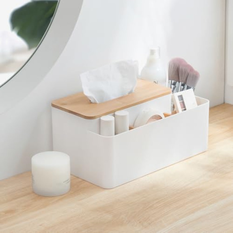 modern white &   tissue box organizer with bamboo lid - multifunctional rectangular storage dispenser with 5 compartments, durable ps & bamboo construction for home, office, dresser - space-saving tissue holder with   & open shelf design, easy- , compact organizer for tissues, pens, remotes, phones, and more, tissue box with storage, craft tissue box, modern tissue box holder, tissue box holder with storage, resin tissue box holder Product details 3