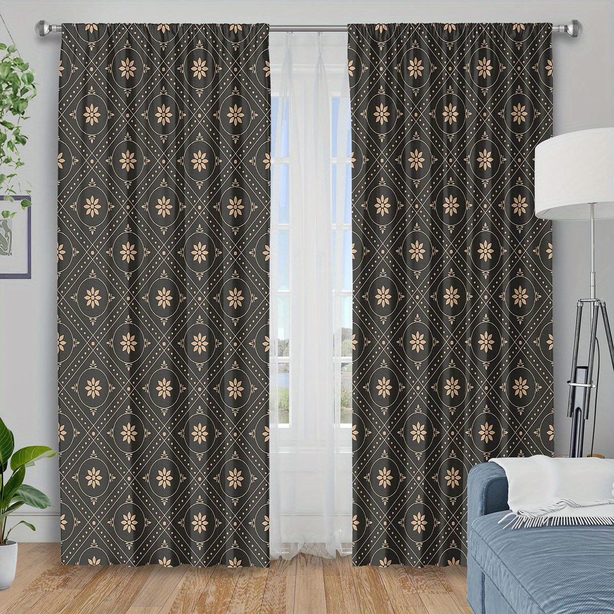 TEMU 2d Flat, 2pcs Thermal Insulated Blackout Curtains - Dark Brown/beige/black/ Golden Geometric Floral Print Thermal Insulating Window Drapes,