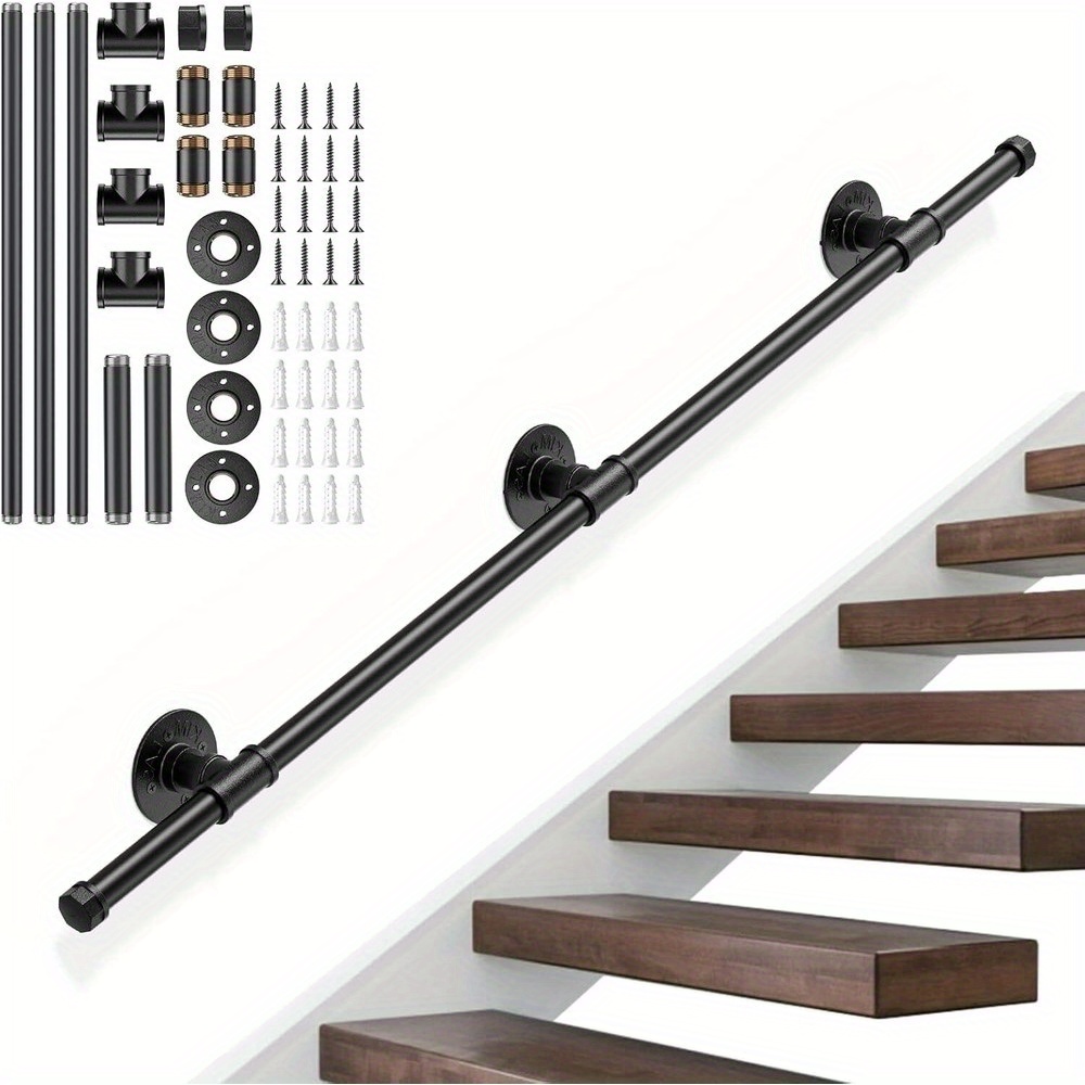 150cm/ 60inch Industrial Pipe Stair Railings Indoor, Hand Rails For Indoor Stairs, Wall Mounted Stair Handrail For Outdoor Steps, Heavy Duty Support Black Stair Railing For Loft Porch Deck(2 Section)