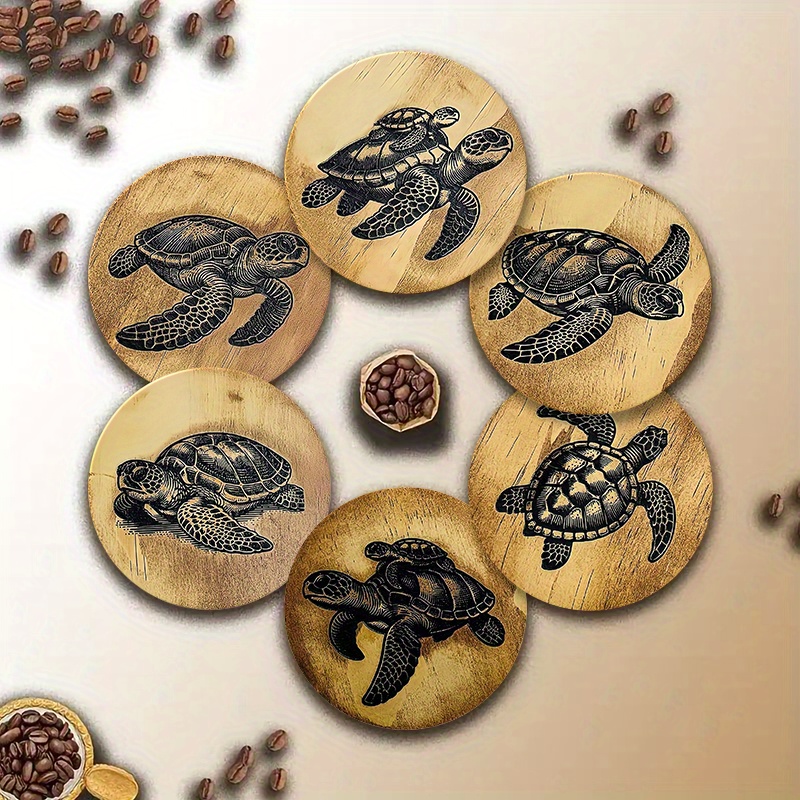 Image of 6pcs Wooden Printed Coaster Set - Stylish Heat-resistant And Non-slip Drink Mats, Perfect For Home And Office Decor, Ideal For Parties And Festive Occasions
