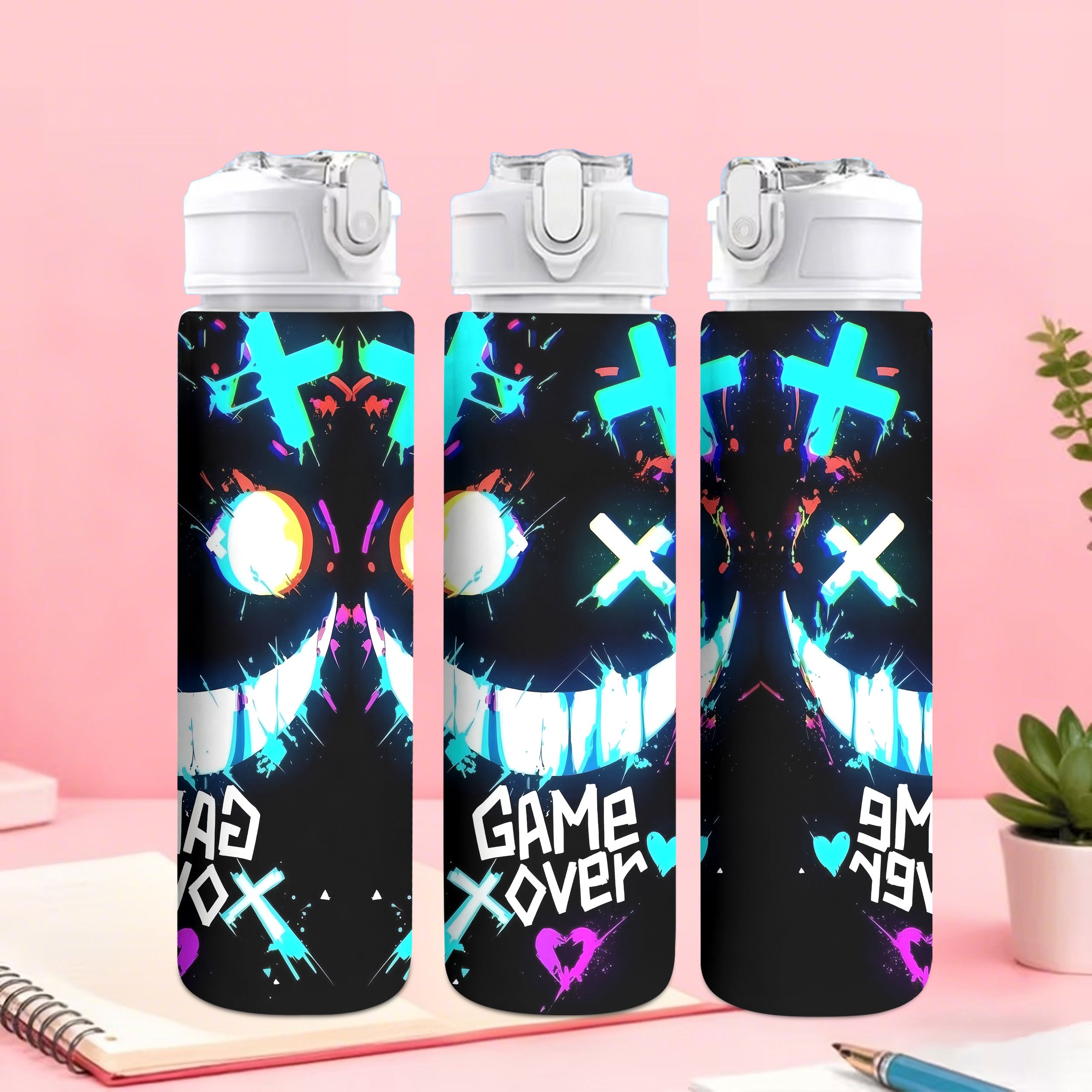 TEMU 1pc Game Over Doodle Pattern, Botella de de plástico de 750 ml/26 oz, Estampado lindo, A prueba de fugas con abatible, , Duradera, Gran