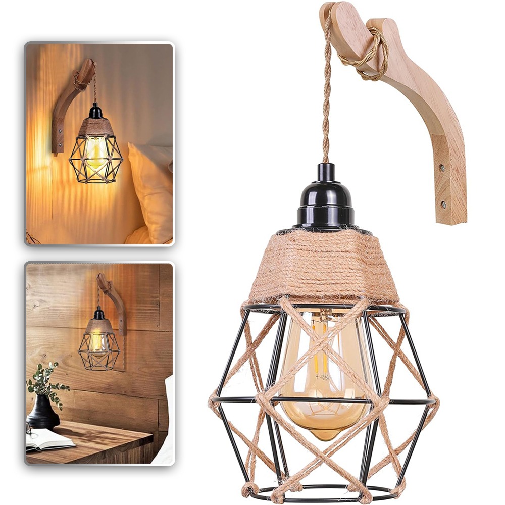 Image of Vintage Lamp Shades, Hanging Decoration, Rustic Industrial Woven Style, Hemp Rope Mini Wire Cage Farmhouse Decoration