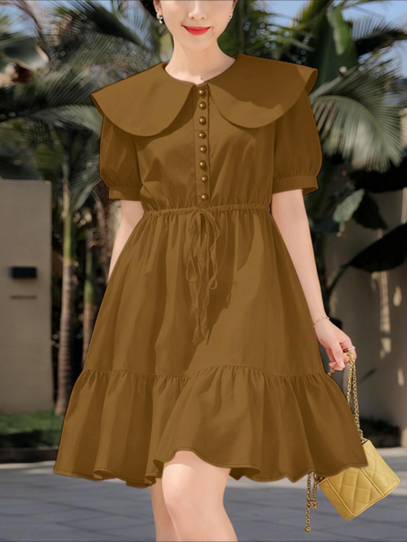 denim a line midi dress Sweet Lolita A-Line Puff Sleeve Dress Japanese Peter Pan Collar Summer