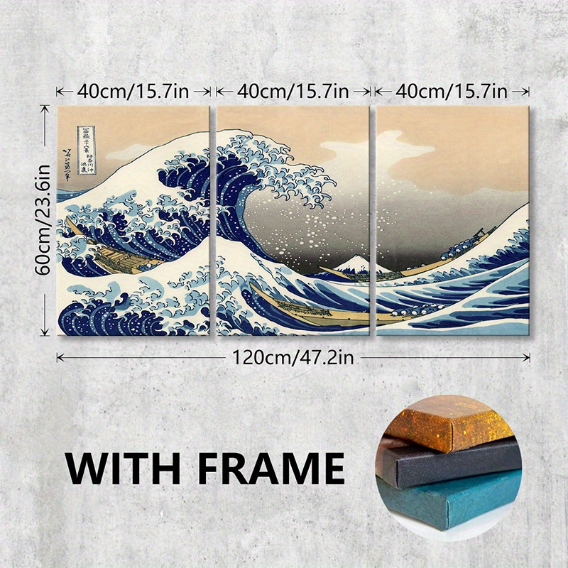 TEMU 3pcs/ Set Wooden Framed Canvas Poster, Japanese -e Style Aesthetic Art Painting, Ocean Waves, Wall Art Painting For Living Room, Bedroom,
