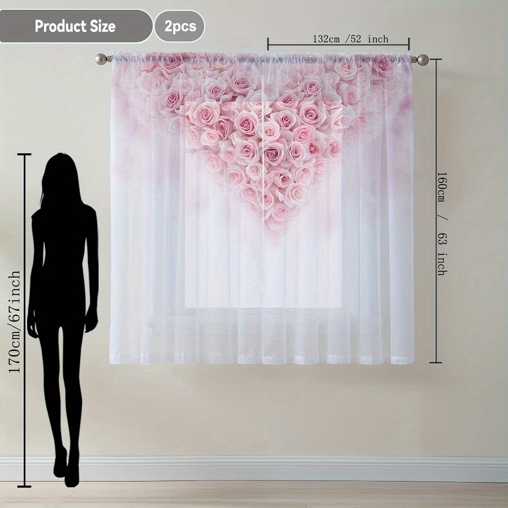 TEMU 2pcs Home Decoration Curtain White Valentine's Day Pink Hanging With A Big Rose Love Flowing Window Curtain Suitable For Kitchen, Coffee Shop,