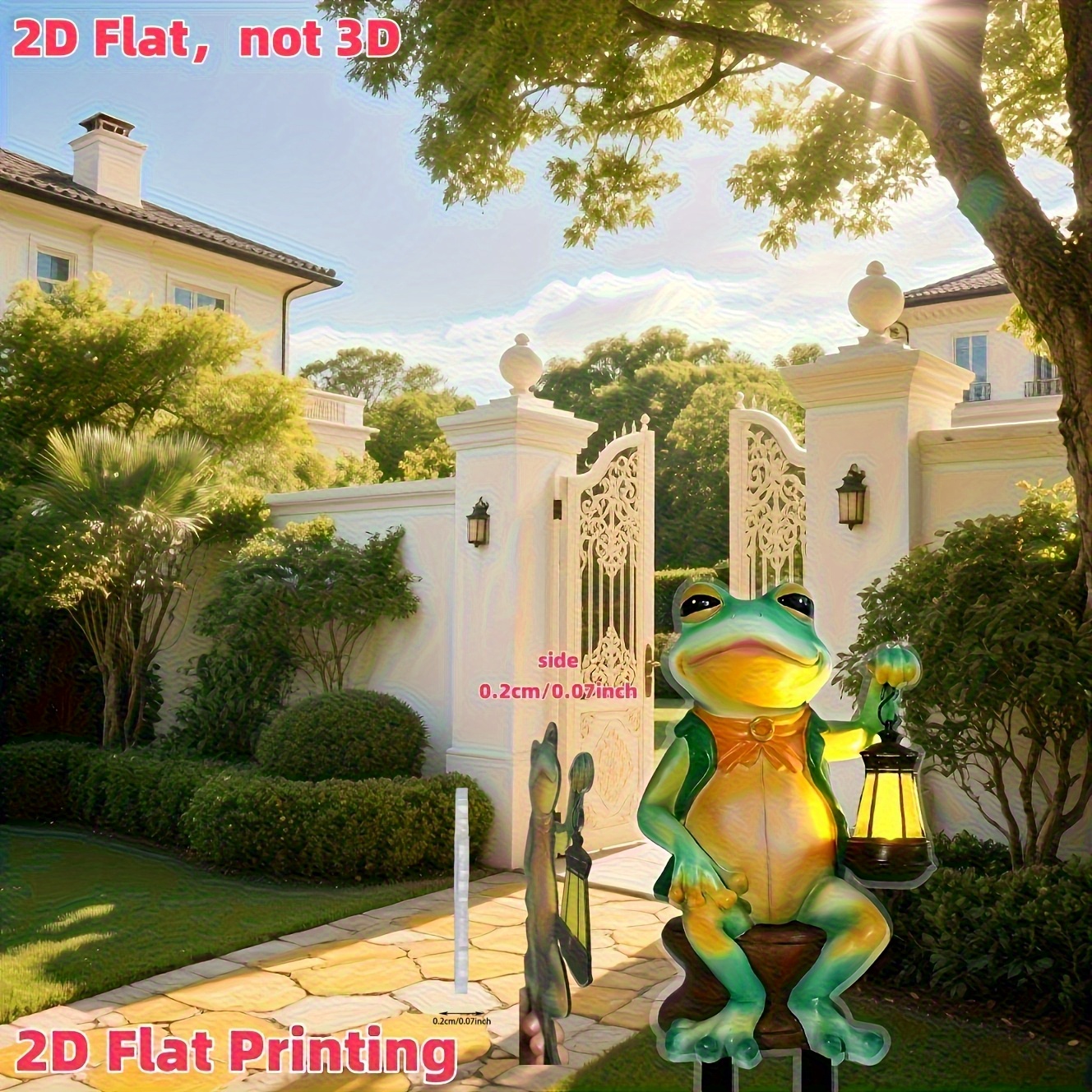TEMU 2d Flat, 2d Flat Printing, 1 Frog With Solar Light 2d Acrylic Outdoor Garden Stake- Cute Frog With Lantern And Bottle, Suitable For Garden,