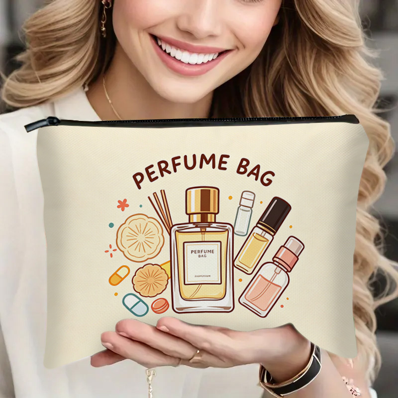 TEMU 1pc, Cosmetic Pouch With Perfume Bottle And Pill-themed Print, Lightweight Zippered Lining Storage Bag, Unisex Travel Organizer, Portable