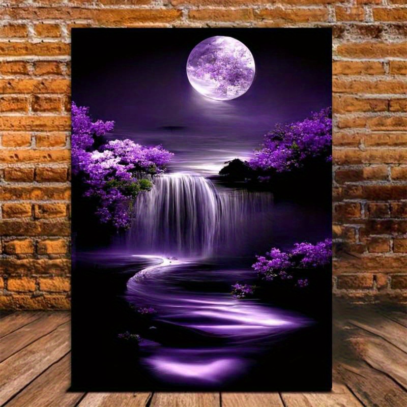 TEMU 2d Flat, 2d Flat, 1pc Purple Moon, Waterfall, Purple Flowers - Frameless Canvas Art - Perfect For Wall Decor In Bedroom, Living Room, Dining