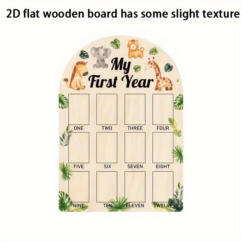 E-shop 2D-flache Fototafel „Mein erstes Jahr“ – Giraffen- Löwen-Dschungeltier-Design, 12-Monats--Rahmen, Holz-Andenken für frischgebackene ,