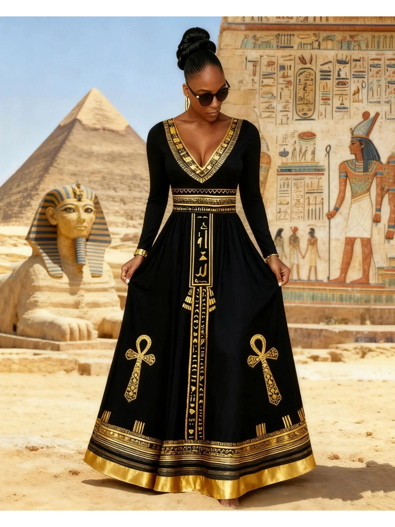 green emerald velvet dress Vintage Ancient Egyptian Pharaoh Statue Womens Summer Maxi Dress Casual  Spaghetti Strap Sleeveless Sundress S at Amazon Women's Clothing store main image 0