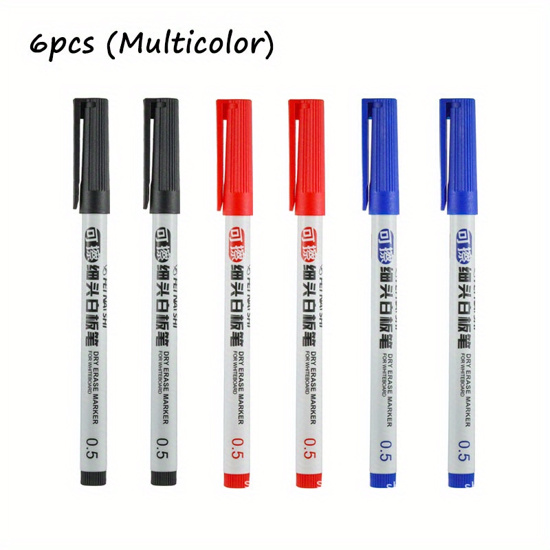 TEMU Three-color Erasable Whiteboard Pen Set, Total 6pcs, Using Ultra-thin 0.5mm Nib, Suitable For Dry Erase, Painting And Marking, Black, Red And