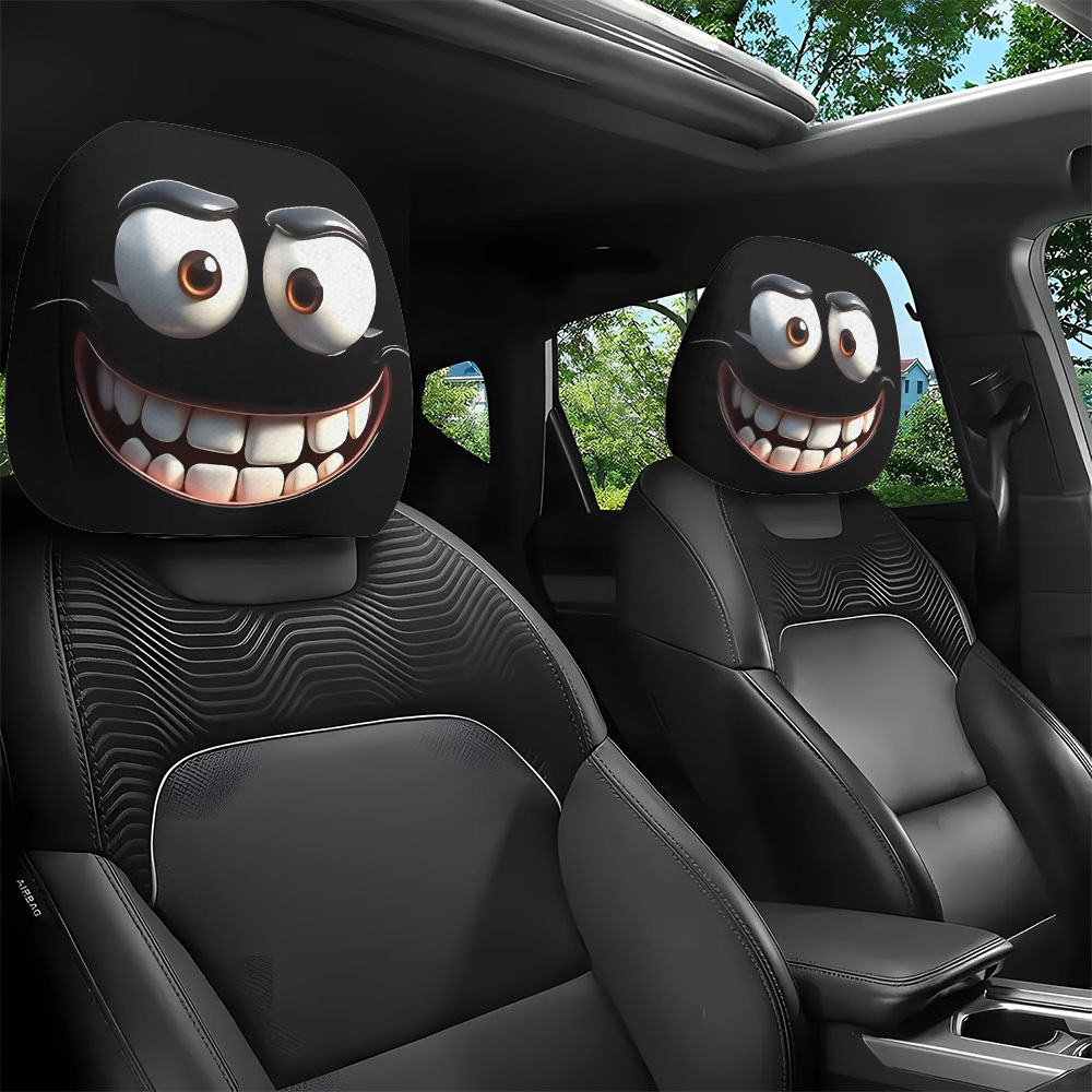 2pcs Funny Big Eyes Cartoon Print Car Headrest Covers, Polyester Fiber, Universal Fit,   Halloween/Christmas Decor, Long-Distance Travel & Commuting, Car Seat Accessories