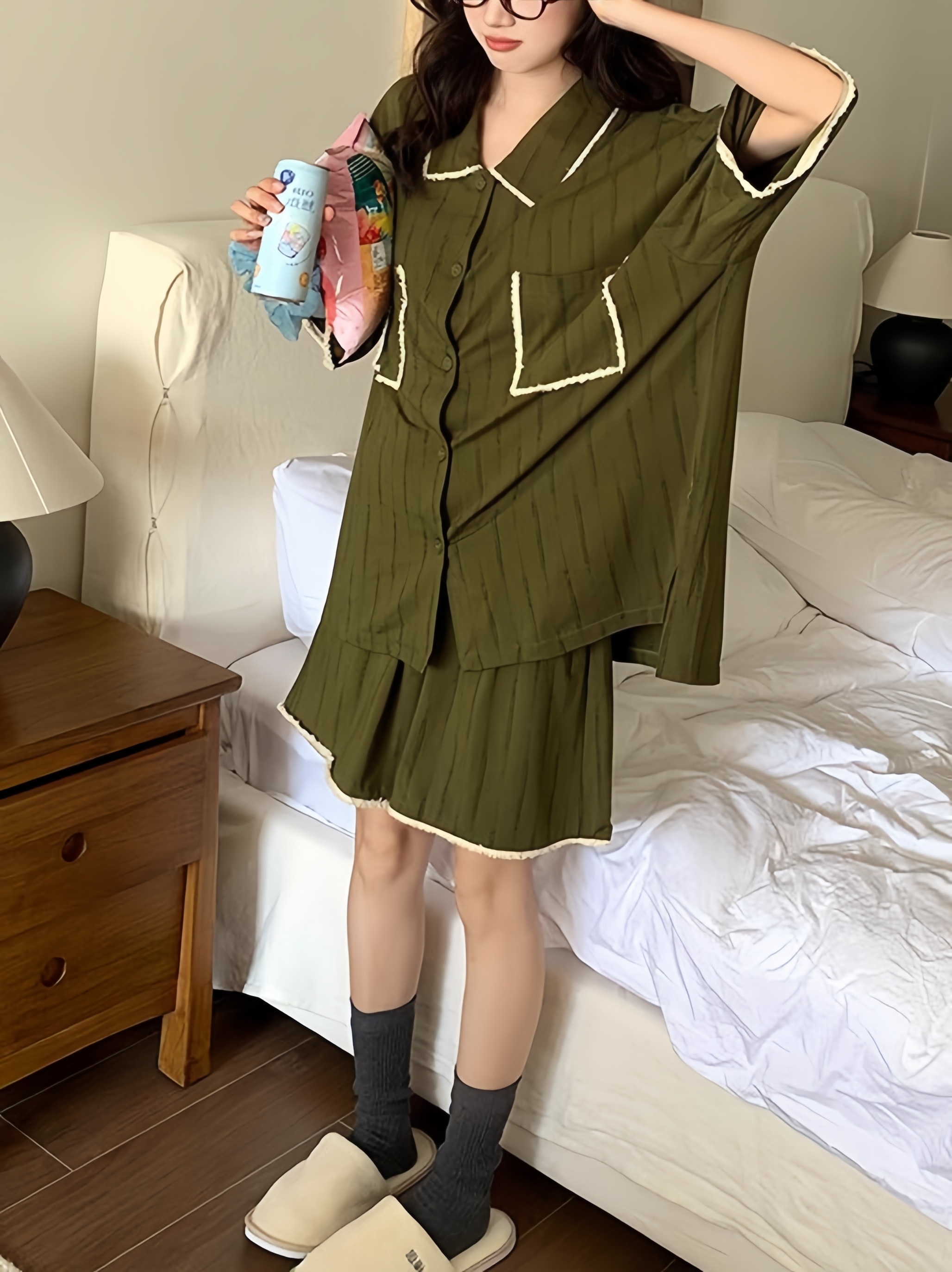 Casual Olive Green Striped Fringed Short Sleeve Pajama Set - Pocketed Notched Collar Button- Top & Elastic Waist Shorts - High-End, Loose & Retro Summer/ Autumn Loungewear, Versatile for  