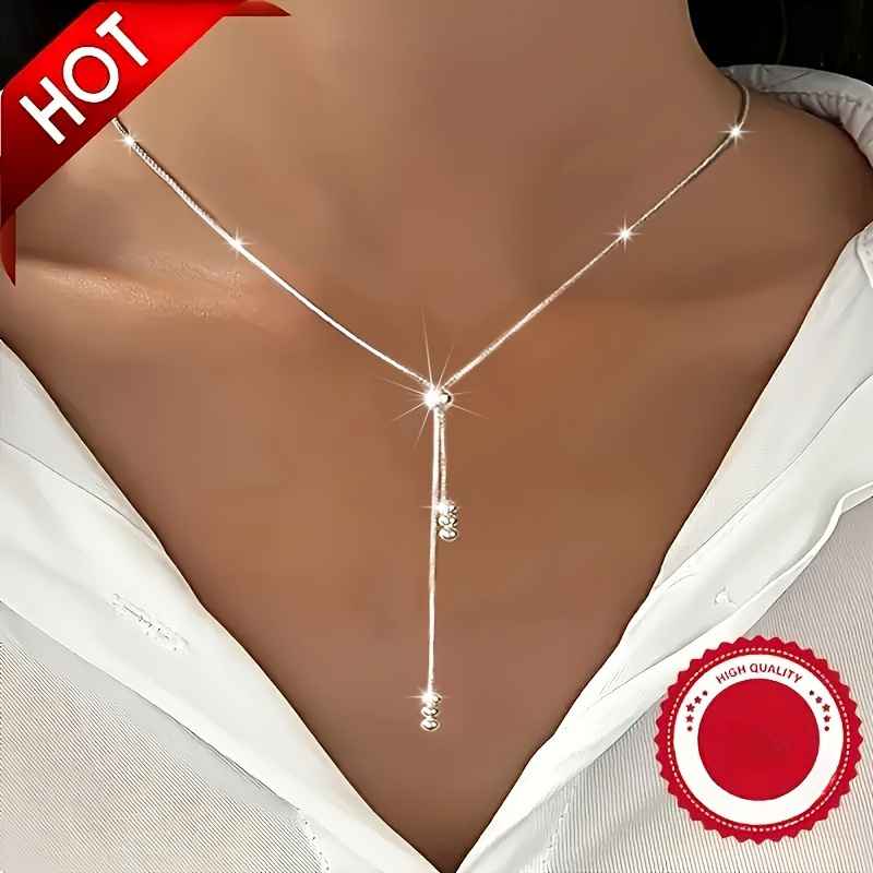 TEMU Women's Elegant Silver Plated Bead Sliding Necklace, Adjustable Length, Suitable For Daily And Holiday Wear, Christmas Gift , Suitable For