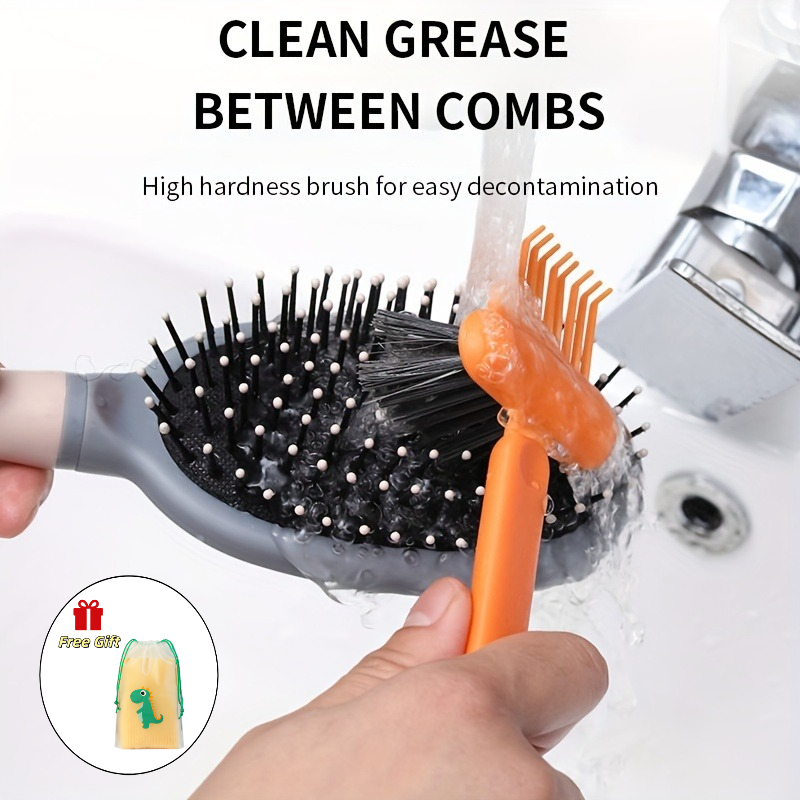 TEMU 2pcs Set (1pc Orange 2-in-1 Comb Cleaning Brush And 1pc Free Cute Dragon Pouch), For Air Bag Comb Hair Cleaning Hook Comb Crevice Cleaning Tool