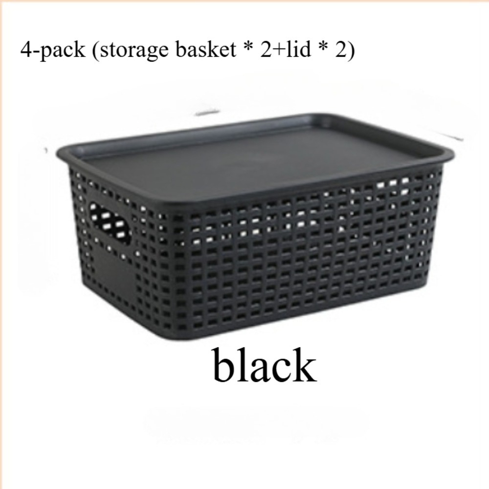 TEMU 4-pack (storage Basket * 2 lid * 2) Black Storage Basket Plastic Stackable Storage Container For Free Combination And Storage, Used For Shelves,