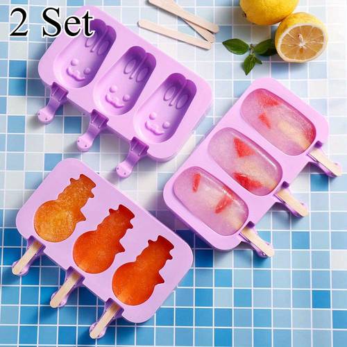 2Set Silicone Popsicle Mold Ice Cream Mold Reusable Ice Cube Maker Tray DIY Homemade Ice Cream Mold Popsicle Maker with Lid & Wood Stick Dessert Ice Cream Mold with Popsicle Stick Kitchen Supplies