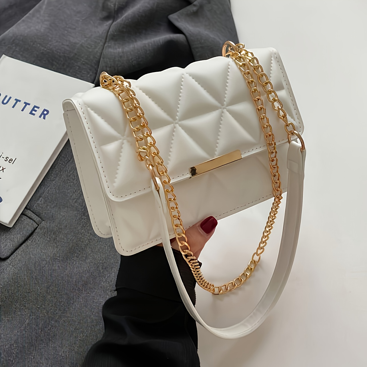 TEMU 3d Diamond Checkered Horizontal Flap Chain Mini Bag, Large Capacity Portable Bag, Interior Layered Storage Space , Can Easily Store Large Screen