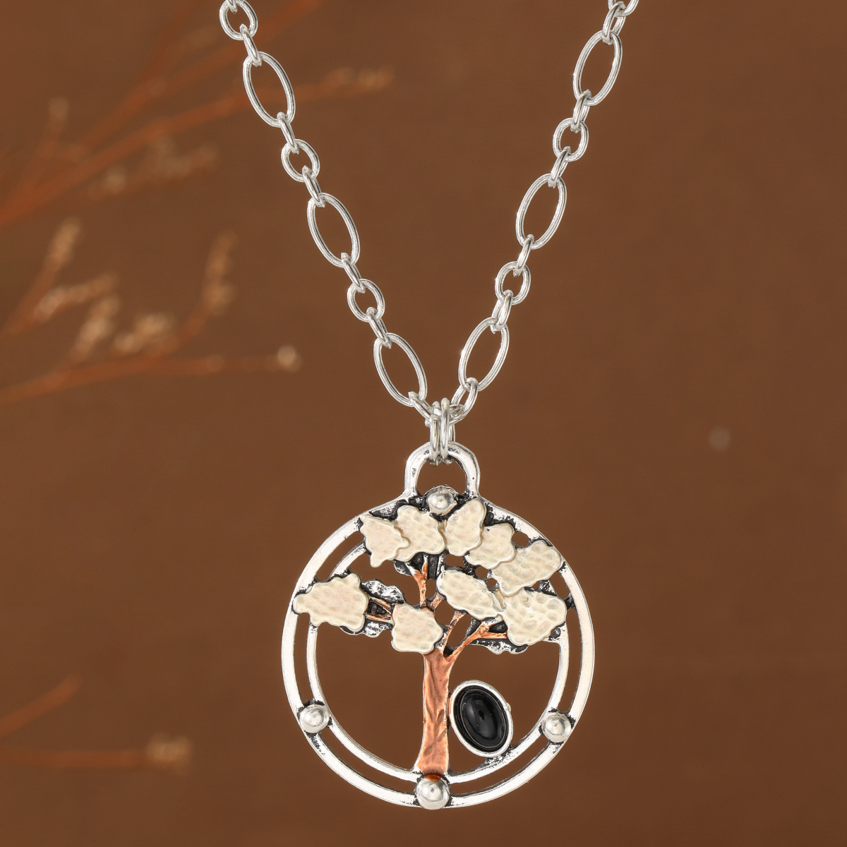 TEMU Collana con ciondolo per donna, stile retr簷 foresta, cornice cava con albero in , ovale, con strass sintetici, per vacanze, feste e riunioni