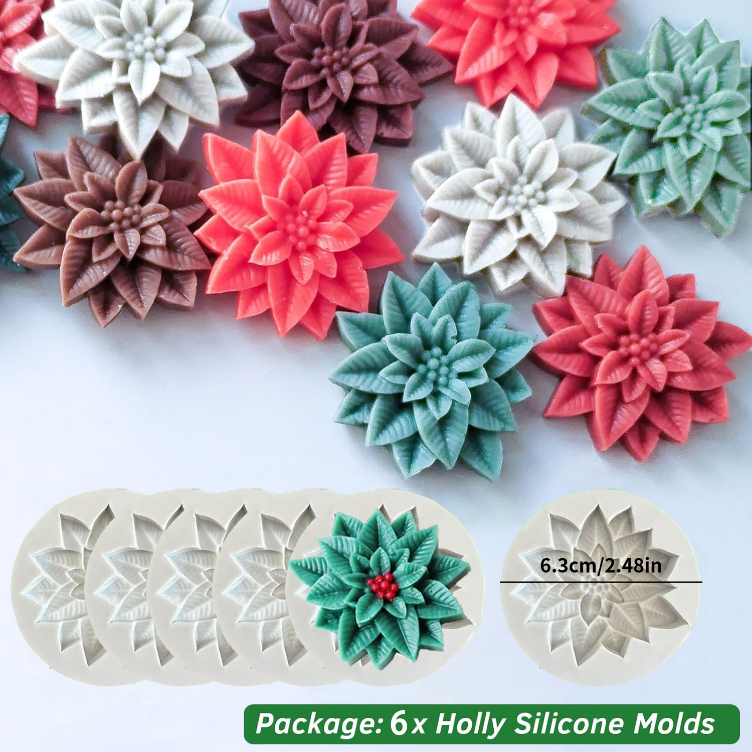E-shop Set mit 6 Silikonformen für Weihnachtskirschblätter – 3D Blatt Design Formen für Kerzen, Seife, Harzhandwerk, Gipsguss, Aromatherapie