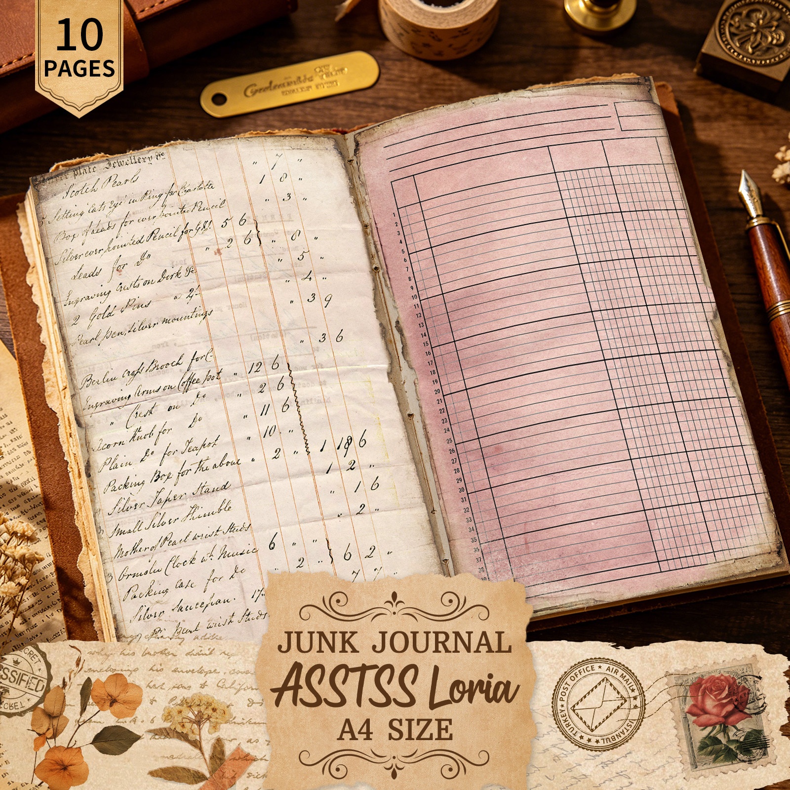 TEMU Asstssloria 10 Sheets A4 Vintage Account Books Scrapbooking Paper Set, Handcrafted Junk Journal And Decorative Craft Paper, Craft Supplies