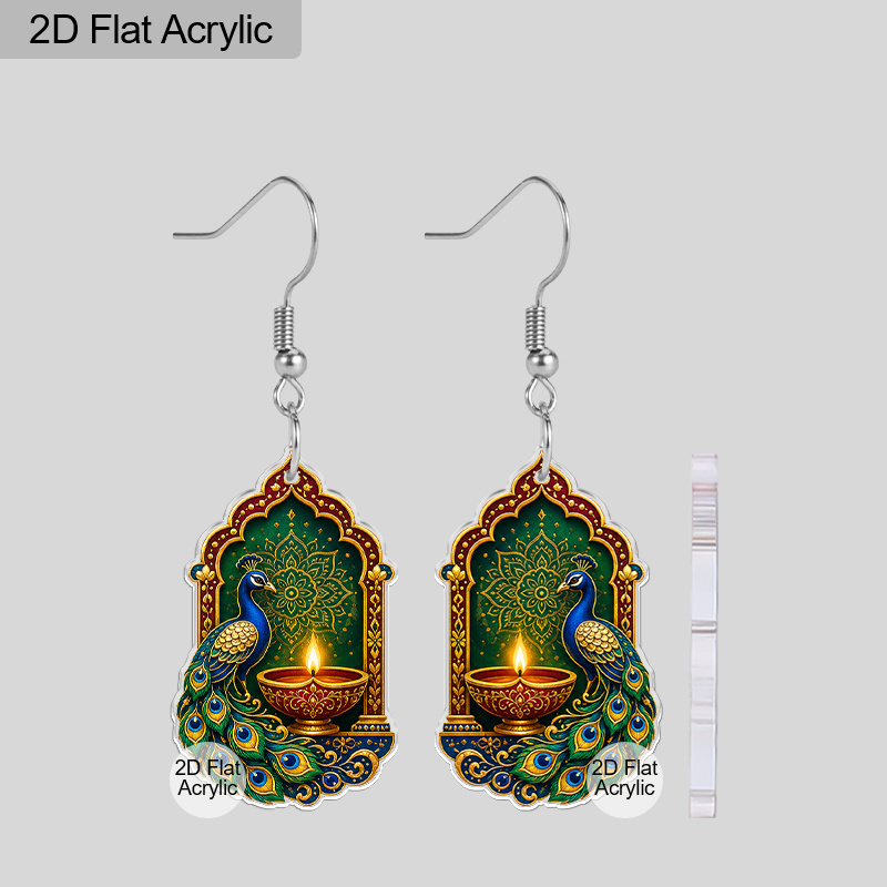 TEMU 2d Flat, Diwali Temple Arch Peacock Acrylic Earrings, Diwali Traditional Ethnic Lightweight Everyday And Party Earrings For Women, Additions,