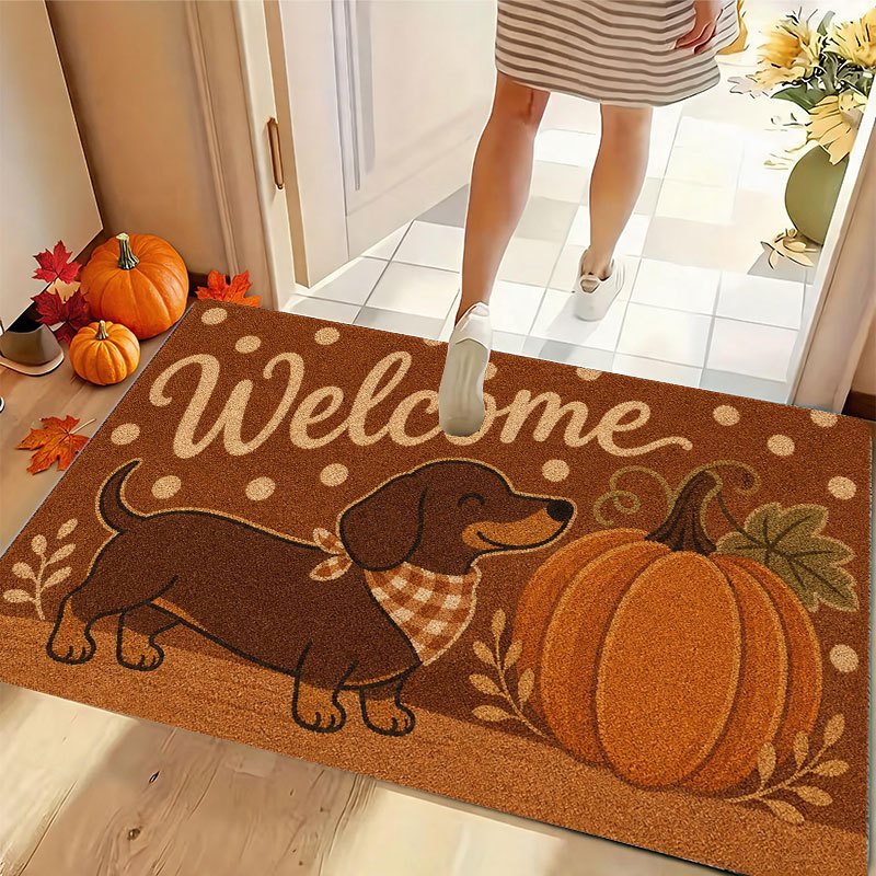 TEMU 1pc Indoor Entrance Door Mat Welcome Dachshund Dog Pumpkin Polka Dot Print Flannel Material Non Slip Comfortable Easy To For Thanksgiving Autumn