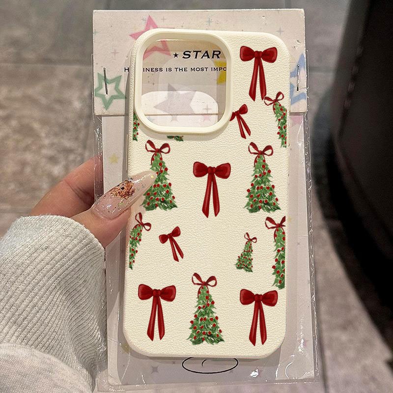 Image of Phone Case: Festive Christmas Tree Red Bow Texture Drop-proof Case, Fits Iphone 11 To 17 Pro Max. Soft Bumper With Large Lens Cutout, Raised Edges, Anti-slip Grip. Perfect Gift For Family, &