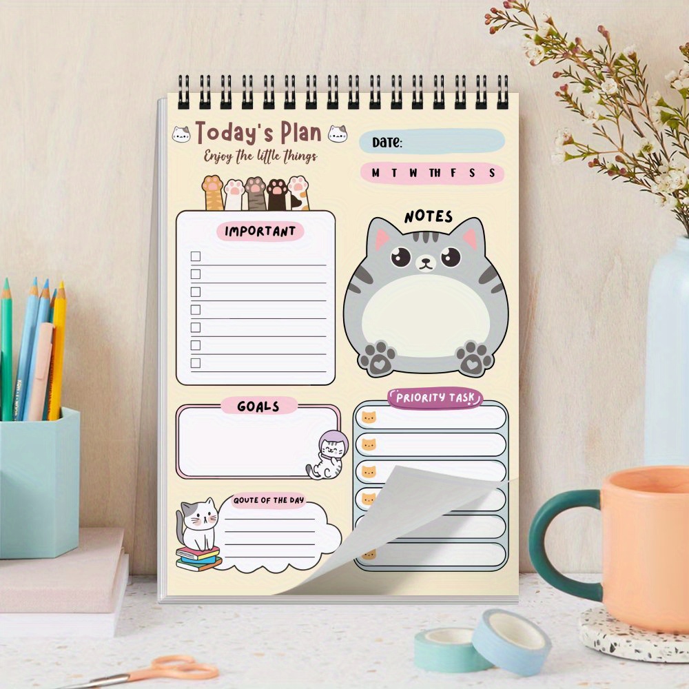 TEMU 1pc Cute Cat Spiral Planner - Pink - Daily Organizer With To-do Lists, Tasks, Goal - Portable Planner For Work, School, Home, Office - Perfect