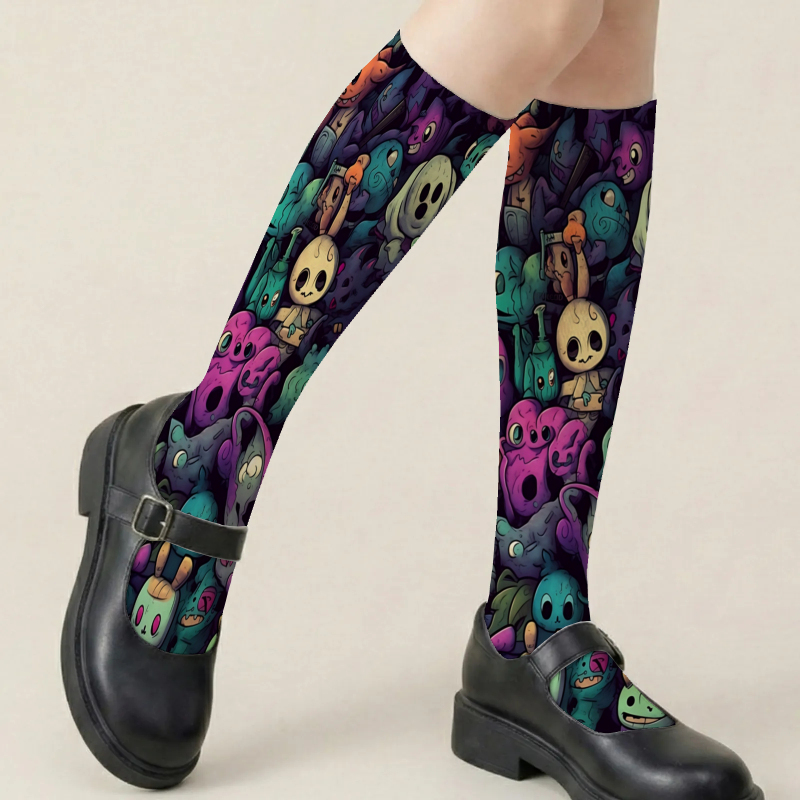 1pair womens calf socks cartoon ghost and   fantasy print design   thin versatile street style summer calf socks jk calf socks high tube fairy socks long tube