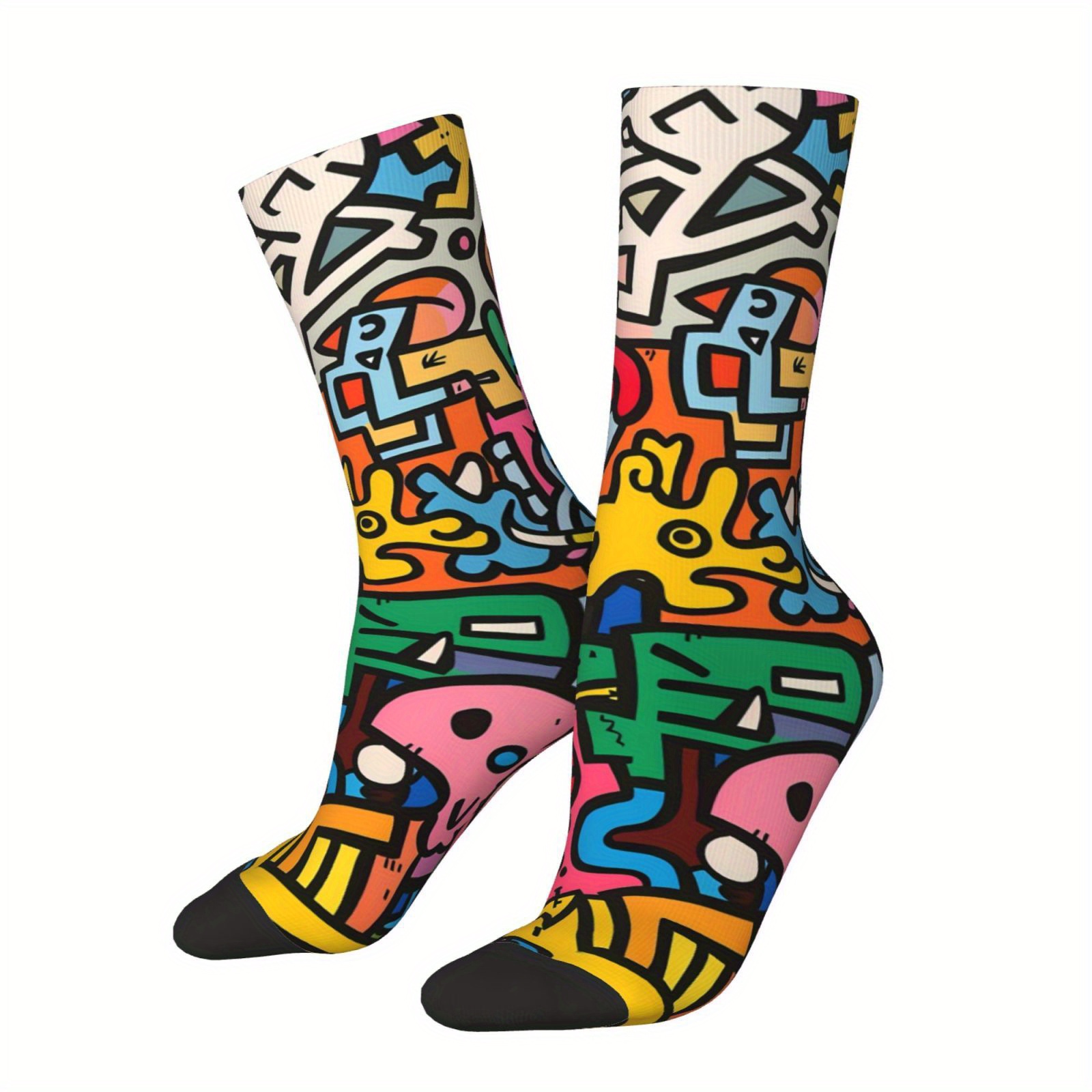 TEMU 1 Pair Socks, Fashion Pattern, Polyester & Sspandex Blend-soft And Comfortable Leisure Socks, Breathable Sweat-absorbent Sports Socks