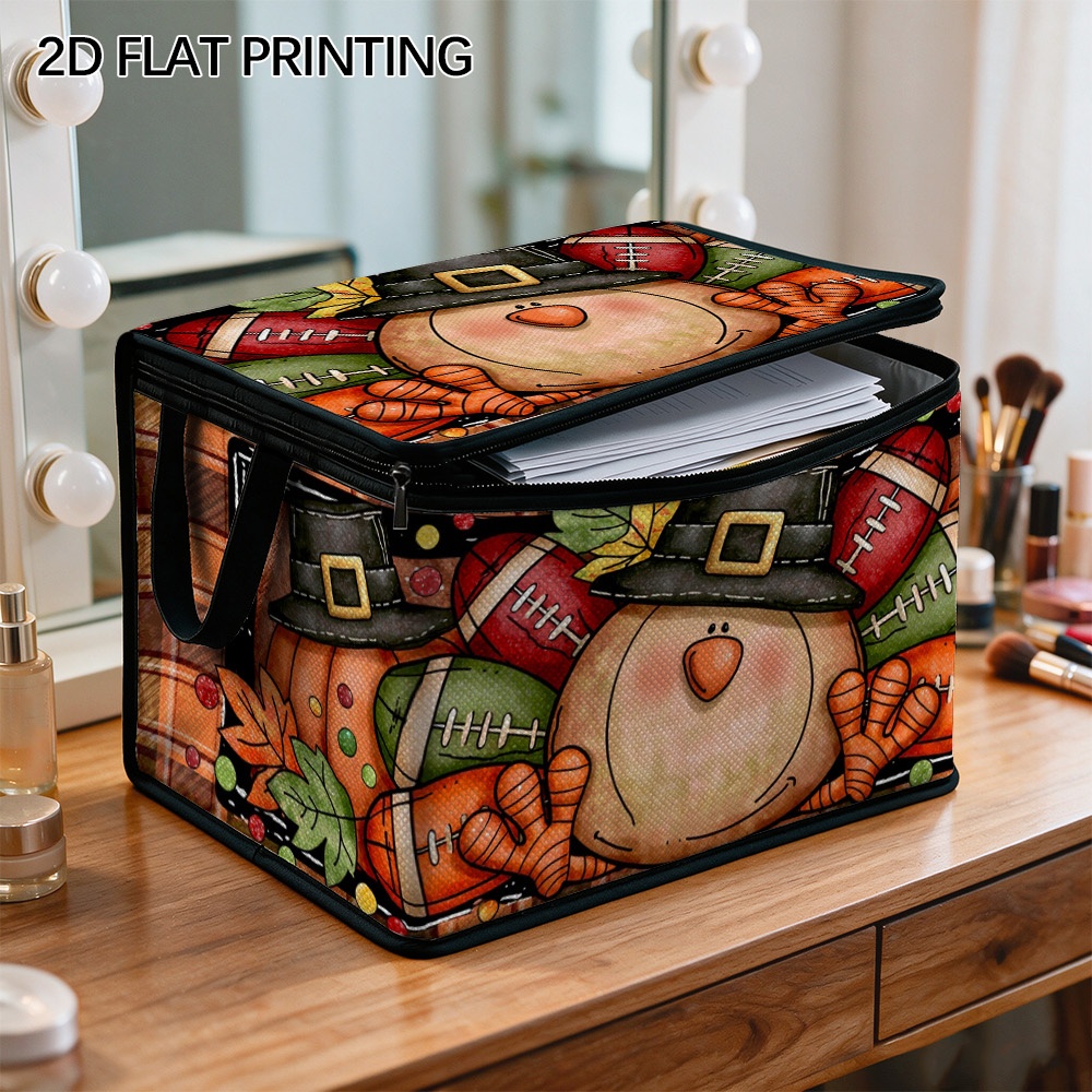 (2D Flat) 1pc Thanksgiving Turkey And Pumpkins Shelf Baskets, Zippered Foldable Case, Lid & Zipper, Bedding Storage, Holiday Decor,   Storage, Under-Bed Storage,   Organizing