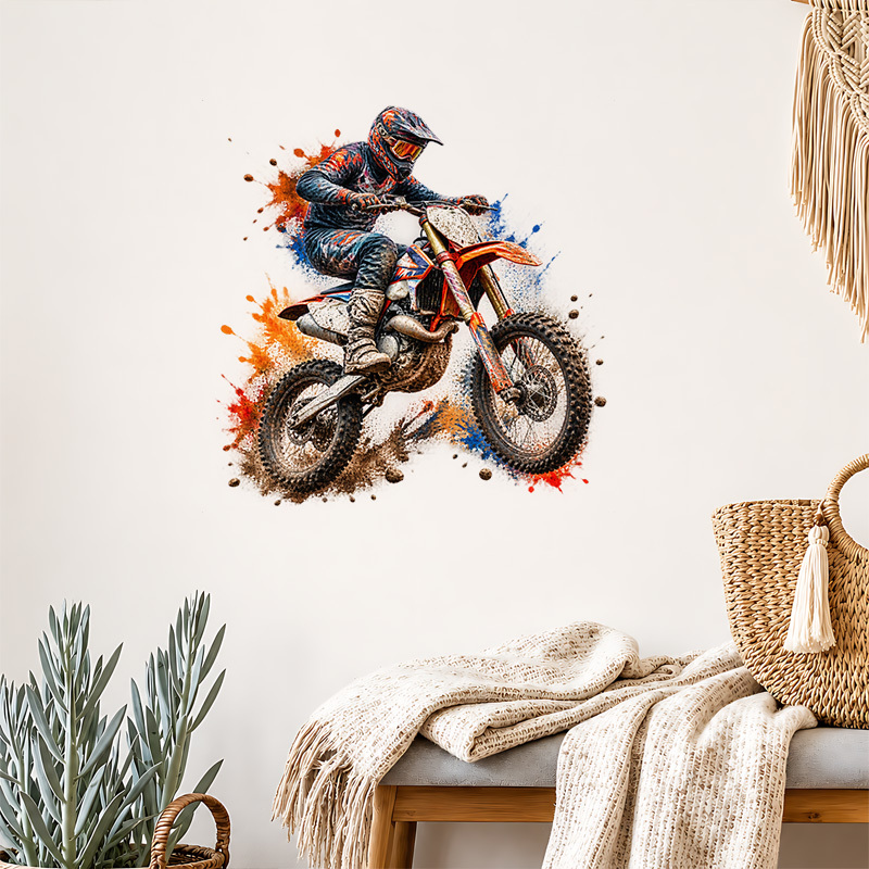 TEMU 1pc Autocollant Mural Décoratif 2D Plat avec Motif de Motocross, Autocollants Muraux en PVC Auto-Adhésifs Amovibles, Convient pour la Décoration