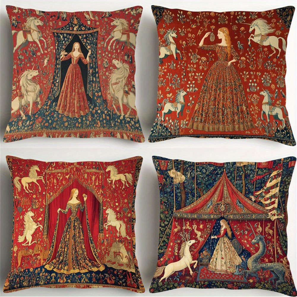 TEMU A Four-item Collection Featuring A Medieval Design, Including A Velvet Pillow Cover And A Zippered Pillow Case, Perfect For Decorating During