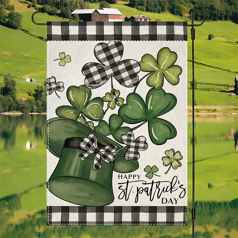 

1pc 's Day Garden Flag - 12x18 Inch, Double-sided Waterproof Burlap With Hat & Clover Buffalo Check Design, Ideal For Outdoor Lawn & Patio Decoration