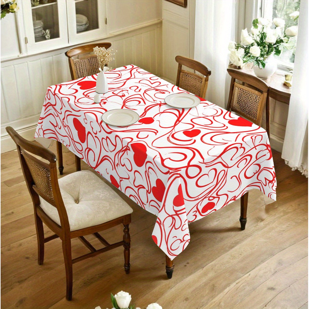 ZFUNCING Valentinstag-Tischdecke Rund – Rot Mit Weißen Herzen, Elastisch, Wasserdicht, Für Tische 91–112 Cm Ø