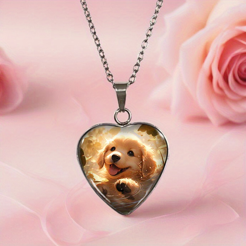 Golden Retriever Puppy Pattern Men's Heart-shaped Necklace Glass Jewelry Accessory