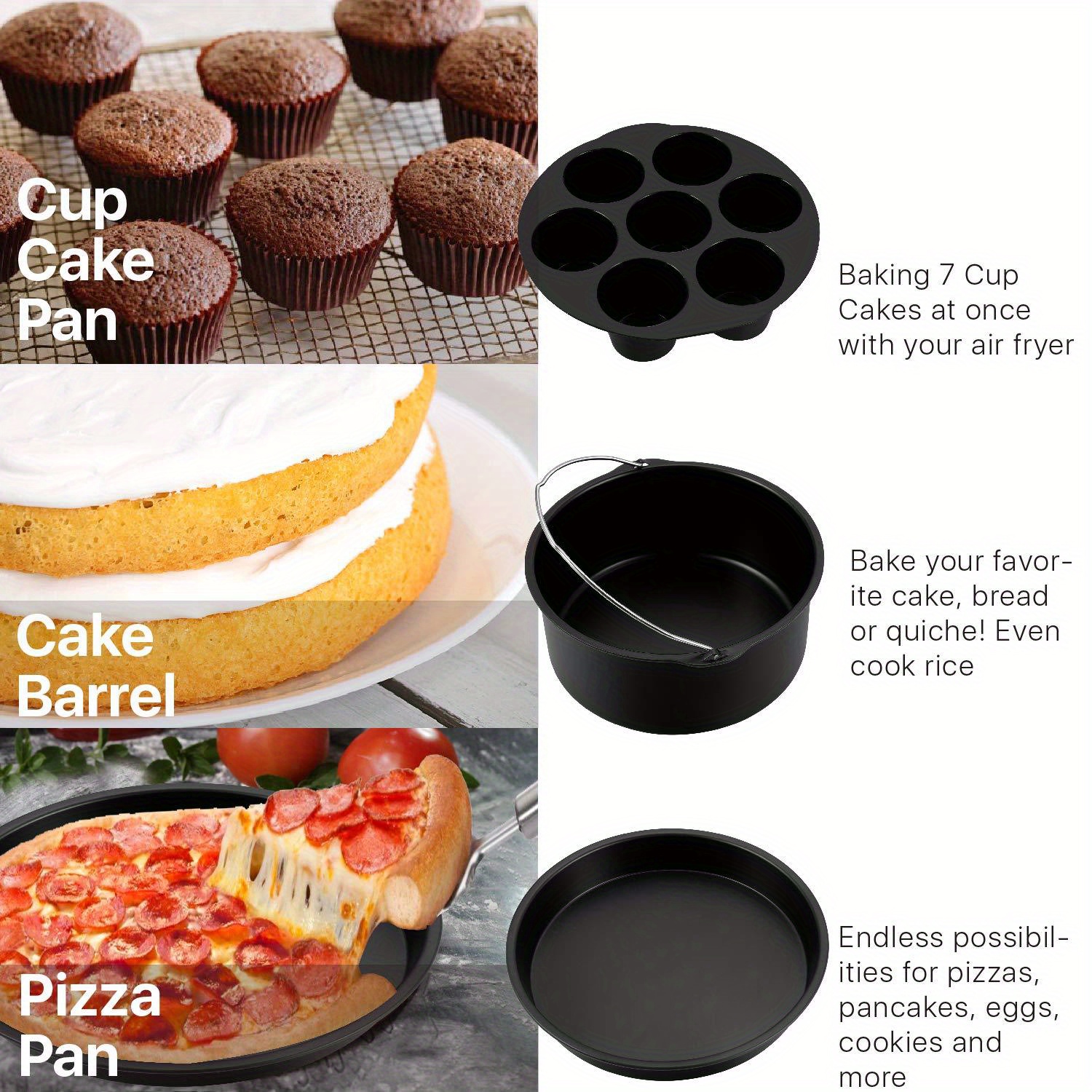 10pcs Air Fryer Accessory Kit (for 3.7-5.8QT Deep Fryers) - Includes 17.78cm Non-Stick Pizza Pan, Cake Barrel, Kebab Rack and 7-Cavity Mold - Dishwasher Safe - Includes Recipe E-Book - Baking and Grilling Tools