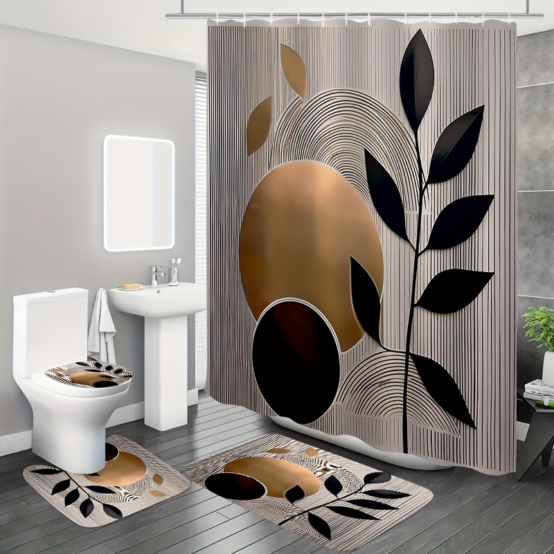 TEMU Ensemble de 4 pièces, motif circulaire doré et noir. Ensemble de rideau de douche pour salle de bain d'appartement comprenant un rideau de